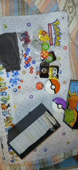 Pokemon Cards And Accessories Lot All Shown Included Playmat Cards Boxes Dice - Image 1