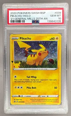2021 Pokemon 25th Anniversary General Mills Promo SWSH039 Pikachu PSA 10 3135 - Image 1