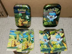 Pokemon TCG Paldea Friends Mini Tin Pikachu Sticker + Art Card NO PACKS 2 Tins - Image 1