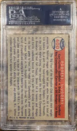 1957 TOPPS Baseball Card #400 DODGERS SLUGGERS Hodges Campanella Snider PSA 5 - Image 2