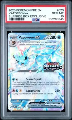 Pokemon Prismatic Evolutions Vaporeon ex 023/131 Surprise Box Stamped PSA 10 - Image 1