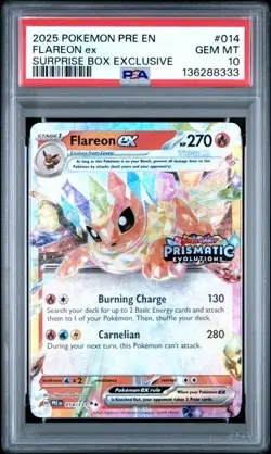 Pokemon Prismatic Evolutions Flareon ex 014/131 Surprise Box Stamped PSA 10 - Image 1