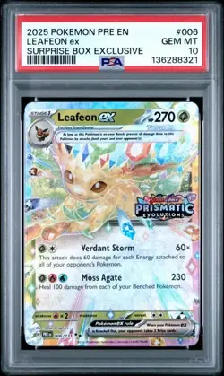 Pokemon Prismatic Evolutions Leafeon ex 006/131 Surprise Box Stamped PSA 10 - Image 1