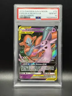 PSA 10 GEM MINT Espeon & Deoxys GX 72 Unified Minds Pokemon Card - Image 1