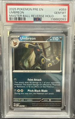 2025 POKEMON PRE EN-PRISMATIC EVOLUTIONS MASTER BALL REVERSE HOLO UMBREON PSA 10 - Image 1
