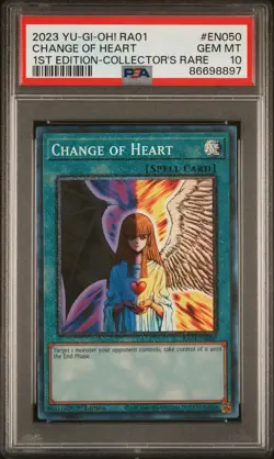 PSA 10 GEM MINT Change Of Heart Prismatic Collectors Rare RA01-EN050 Yu-Gi-Oh - Image 1