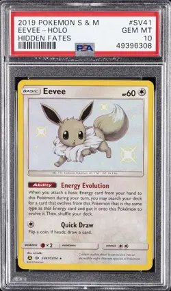 2019 POKEMON SUN & MOON HIDDEN FATES #SV41 EEVEE-HOLO PSA 10 - Image 1