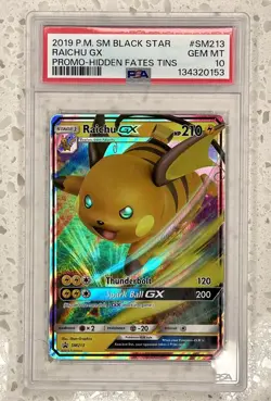 2019 POKEMON SM BLACK STAR PROMO HIDDEN FATES TINS #SM213 RAICHU GX PSA 10 - Image 1
