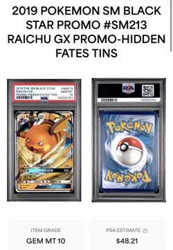 2019 POKEMON SM BLACK STAR PROMO HIDDEN FATES TINS #SM213 RAICHU GX PSA 10 - Image 2