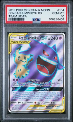 2019 POKEMON SUN & MOON TEAM UP #164 FULL ART/GENGAR & MIMIKYU GX PSA 10 - Image 1