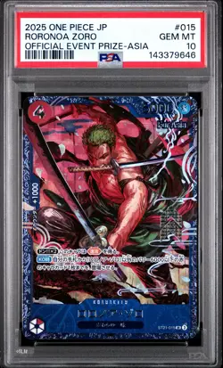 2025 ONE PIECE JPN PROMOS OFFICIAL EVENT PRIZE-ASIA #015 RORONOA ZORO PSA 10 - Image 1