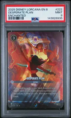 2025 DISNEY LORCANA EN 8-REIGN OF JAFAR ENCHANTED #222 DESPERATE PLAN PSA 9 - Image 1