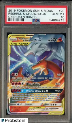 2019 Pokemon Sun & Moon Unbroken Bonds #20 RESHRM. & Charizard GX PSA 10 - Image 1