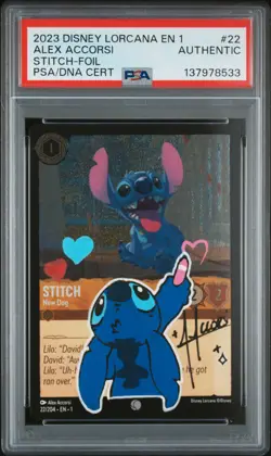 2023 DISNEY LORCANA EN 1 FOIL ALEX ACCORSI #22 STITCH NEW DOG PSA AUTH AUTO AUTH - Image 1