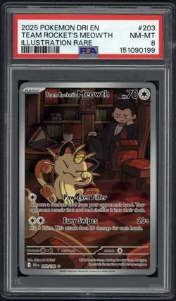 POKEMON DESTINED RIVALS ENGLISH TEAM ROCKET'S MEOWTH ILL. RARE #203 PSA 8 NM/MT - Image 1