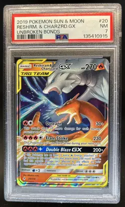 2019 Pokemon SM Unbroken Bonds Reshiram Charizard Tag Team Holo #20/214 PSA 7 - Image 1