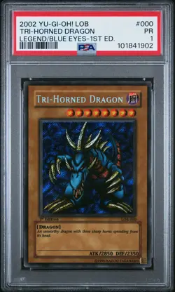 2002 YU-GI-OH! LOB-LEGEND OF BLUE EYES WHITE DRAGON #000 TRI-HORNED DRAGON PSA 1 - Image 1