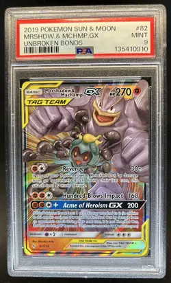 2019 Pokemon SM Unbroken Bonds Marshadow Machamp Tag Team Holo #82/214 PSA 9 - Image 1