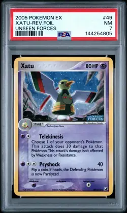2005 POKEMON EX UNSEEN FORCES #49 XATU-REVERSE FOIL PSA 7 - Image 1