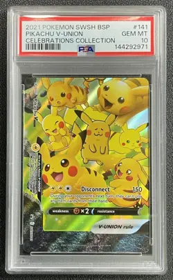 PIKACHU V-UNION PSA 10 2021 POKEMON SWSH BSP #SWSH141 CELEBRATIONS COLL GEM 2971 - Image 1