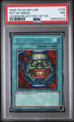 2002 YU-GI-OH! LEGEND OF BLUE EYES WHITE DRAGON 1ST EDITION POT OF GREED PSA 7 - Image 1