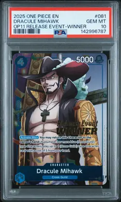 2025 ONE PIECE PROMOS OP11-RELEASE EVENT-WINNER #081 DRACULE MIHAWK PSA 10 - Image 1