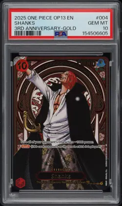 2025 ONE PIECE OP13-CARRYING ON HIS WILL 3RD ANNIVERSARY-GOLD #004 SHANKS PSA 10 - Image 1