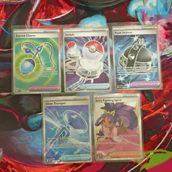 Pokemon 5 Trainer Card Lot Sacred Charm Switch Punk Helmet Glass Trumpet Iris - Image 1