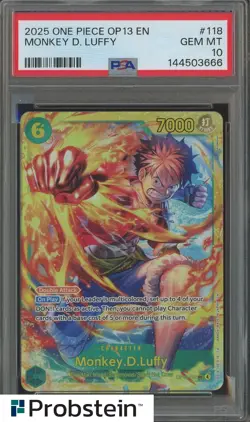 2025 One Piece OP13 En #118 Monkey D. Luffy PSA 10 GEM MINT - Image 1