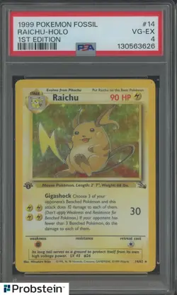 1999 Pokemon Fossil 1st Edition #14 Raichu Holo PSA 4 VG-EX - Image 1