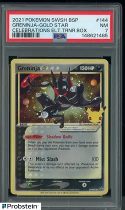 2021 Pokemon SWSH BSP Celebrations ETB #144 Greninja Gold Star PSA 7 NM - Image 1