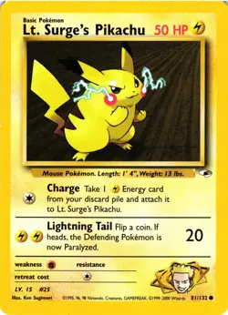 Pokemon TCG Lt. Surge's Pikachu Gym Heroes 81/132 Unlimited Common MP - Image 1
