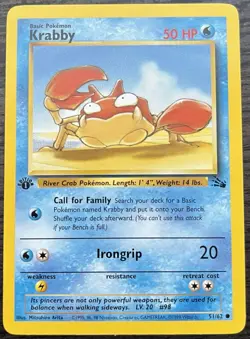 1st Edition Krabby 51/62 Pokemon TCG WOTC Base Set Fossil Light Play LP - Image 1