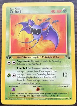 1st Edition Zubat 57/62 Pokemon TCG WOTC Base Set Fossil Common Light Play LP - Image 1
