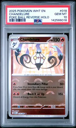 2025 POKEMON WHT EN-WHITE FLARE POKE BALL REVERSE HOLO #018 CHANDELURE PSA 10 - Image 1