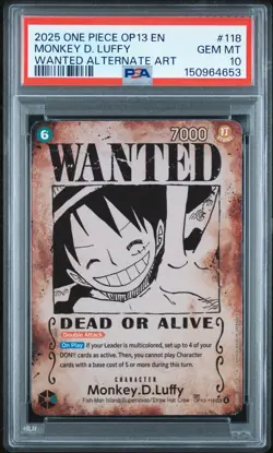 4653 Monkey D. Luffy 2025 One Piece Carrying On His Will #OP13-118 Wanted PSA 10 - Image 1