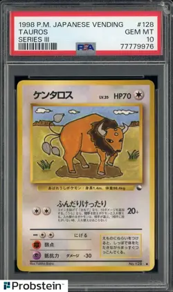 1998 Pokemon Japanese Vending Series III #128 Tauros PSA 10 GEM MINT - Image 1