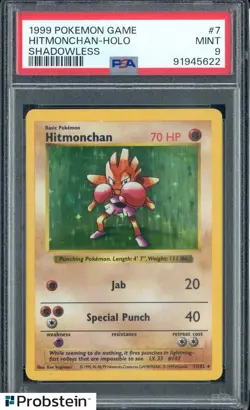 1999 Pokemon Game Shadowless #7 Hitmonchan Holo PSA 9 MINT - Image 1