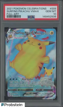 #3 2021 Pokemon Celebrations Full Art #009 Surfing Pikachu VMax PSA 10 GEM MINT - Image 1