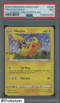 2020 Pokemon SWSH BSP '21 General Mills 25th Anniversary #039 Pikachu Holo PSA 7 - Image 1