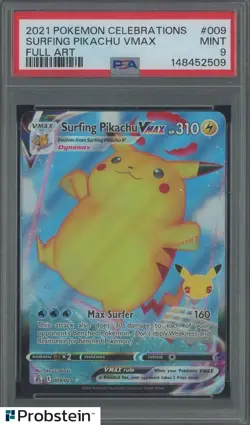 #1 2021 Pokemon Celebrations Full Art #009 Surfing Pikachu VMax PSA 9 MINT - Image 1