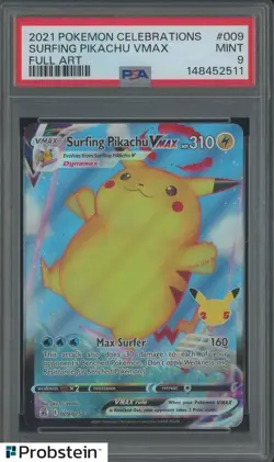 #2 2021 Pokemon Celebrations Full Art #009 Surfing Pikachu VMax PSA 9 MINT - Image 1