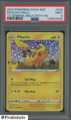 2020 Pokemon SWSH BSP '21 General Mills 25th Anniversary #039 Pikachu Holo PSA 9 - Image 1