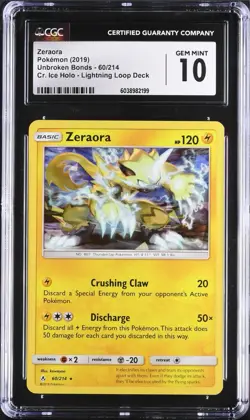 CGC 10 GEM Zeraora 60/214 Unbroken Bonds Cracked Ice Holo Deck Exclusive Pokemon - Image 1