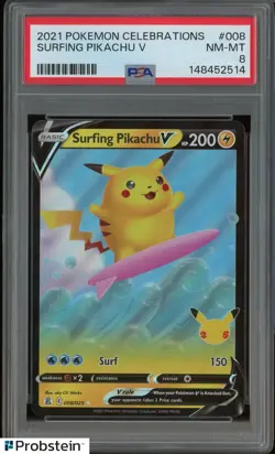 2021 Pokemon Celebrations #008 Surfing Pikachu V PSA 8 NM-MT - Image 1
