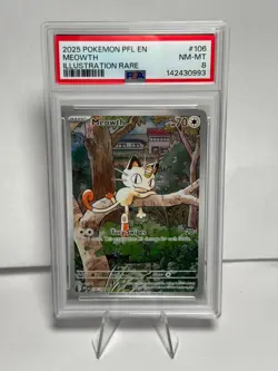 2025 POKEMON PHANTASMAL FLAMES ILLUSTRATION RARE #106 MEOWTH - PSA 8 NM-MT - Image 1