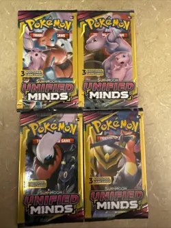Pokemon Unified Minds 3 Card Booster Pack Complete Art Set of 4 Sealed - Image 1