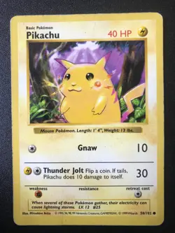 Pikachu 58/102 Base set Shadowless Red Cheeks Wizards Pokemon non-holo rare card - Image 1