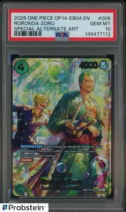 2026 ONE PIECE OP14-EB04-THE AZURE SEA'S SEVEN #006 RORONOA ZORO PSA 10 GEM MINT - Image 1