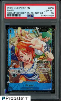 TCG 2025 One Piece EN Championship 25-26 Top 64 #050 Nami PSA 10 GEM MINT - Image 1